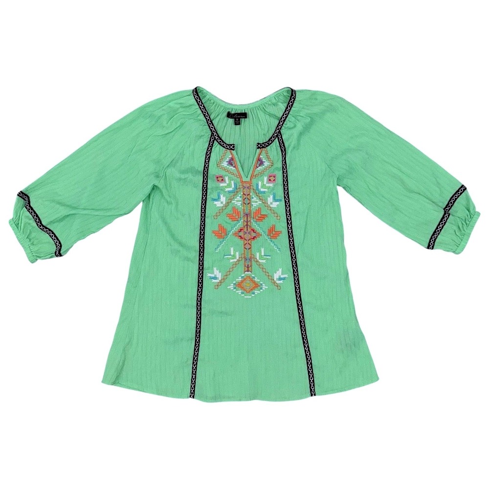 Calessa Size Medium Lime Green Embroidered V-Neck Rayon Tunic NWT